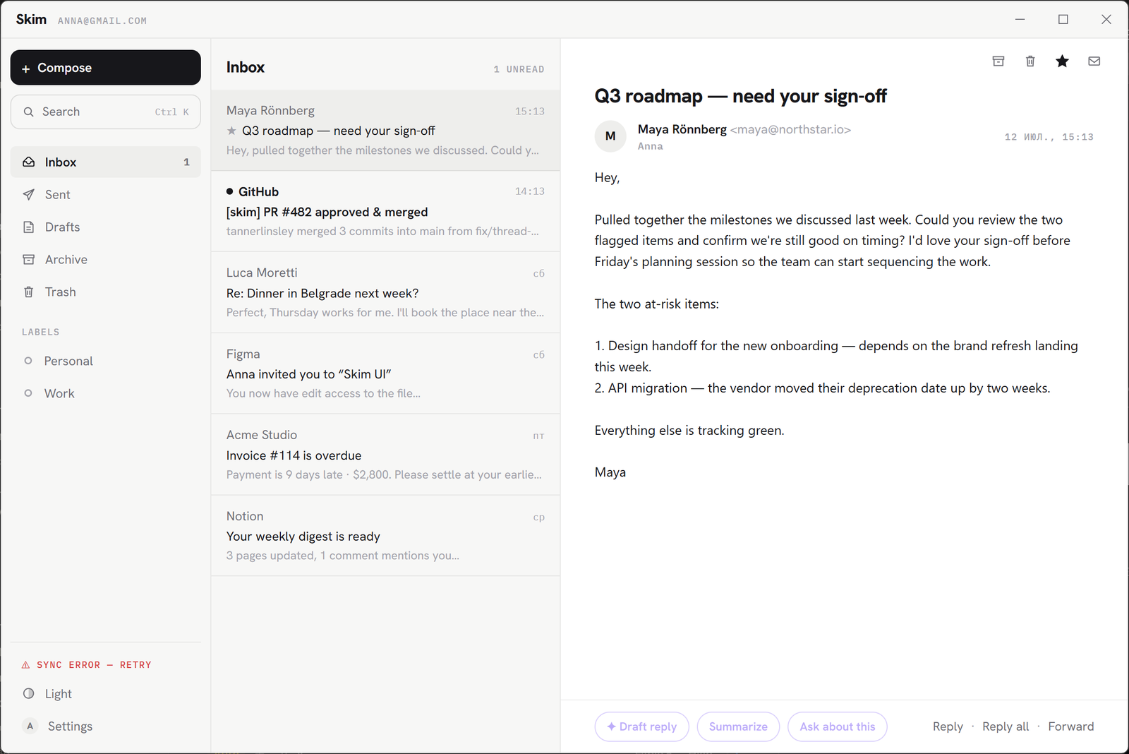 Skim — light theme, three-pane email client